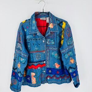 Chico's Denim Patchwork Embroidered Silk Jacket Blue Size 2 (L) Boho Art to Wear